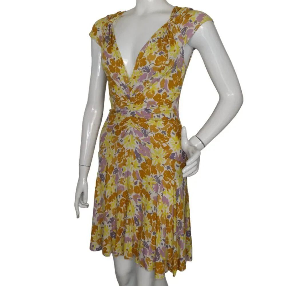 FREE PEOPLE Dress, M, Soft Ribbed, Plunging V,  Yellow/Purple Floral, Cap sleeve - Picture 4 of 14